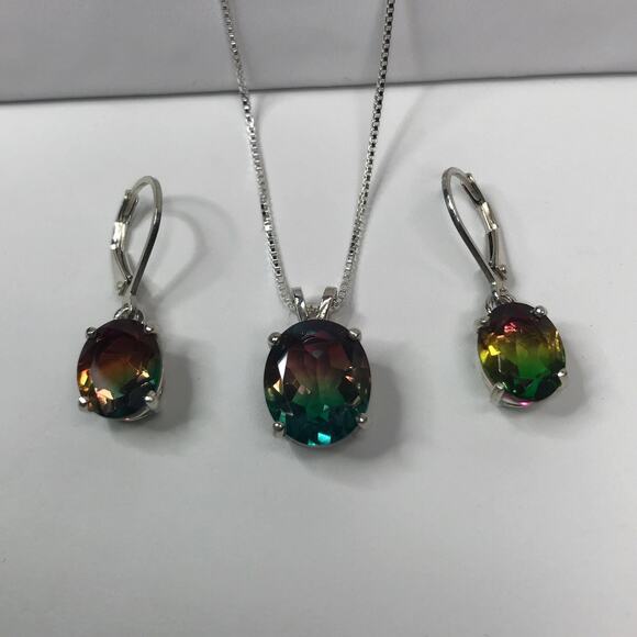 Beautiful Watermelon Tourmaline Quartz Necklace & Earrings Set - Picture 9 of 10